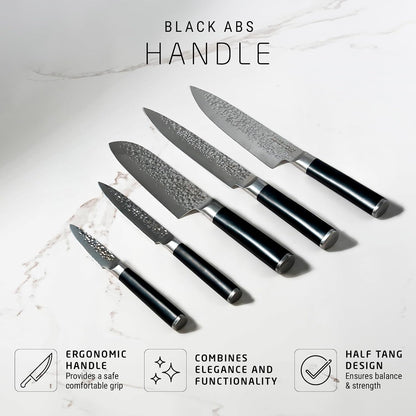 Utility Knife, German Steel With ABS Handle, Half Tang Handle, Hammered Blade Chef Knives Professional Grade, 55+2 Rockwell Hardness, 5 Inch