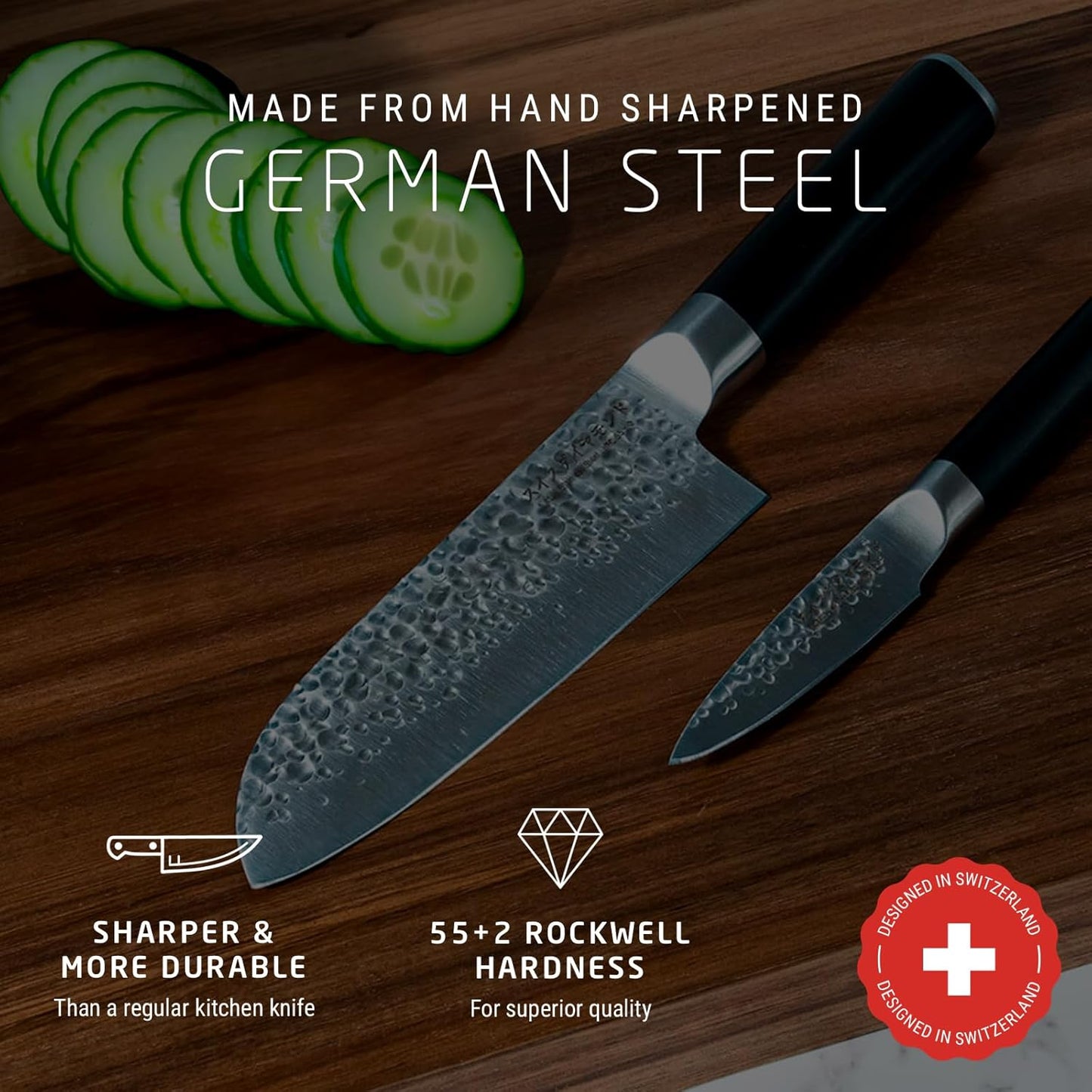 Utility Knife, German Steel With ABS Handle, Half Tang Handle, Hammered Blade Chef Knives Professional Grade, 55+2 Rockwell Hardness, 5 Inch