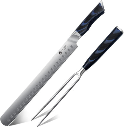 BBQ Carving Knife Set, Brisket Slicing Knife and Fork Set, Japanese High Carbon Steel Slicing Knives with G10 Handle, Full Tang Ultra Sharp Meat Cleaver