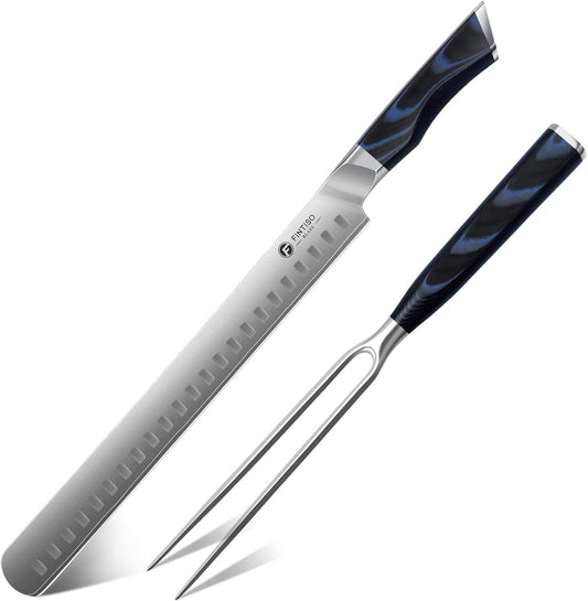 BBQ Carving Knife Set, Brisket Slicing Knife and Fork Set, Japanese High Carbon Steel Slicing Knives with G10 Handle, Full Tang Ultra Sharp Meat Cleaver