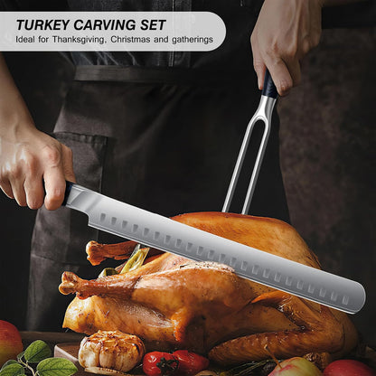 BBQ Carving Knife Set, Brisket Slicing Knife and Fork Set, Japanese High Carbon Steel Slicing Knives with G10 Handle, Full Tang Ultra Sharp Meat Cleaver