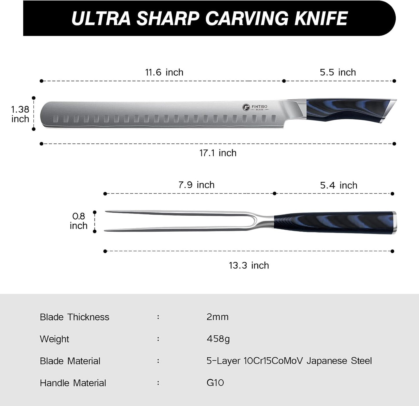BBQ Carving Knife Set, Brisket Slicing Knife and Fork Set, Japanese High Carbon Steel Slicing Knives with G10 Handle, Full Tang Ultra Sharp Meat Cleaver