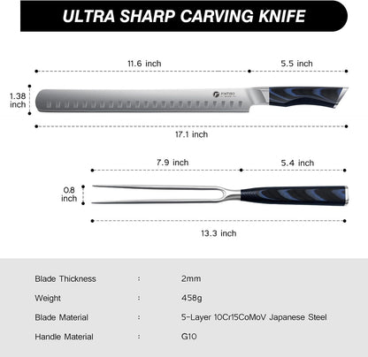 BBQ Carving Knife Set, Brisket Slicing Knife and Fork Set, Japanese High Carbon Steel Slicing Knives with G10 Handle, Full Tang Ultra Sharp Meat Cleaver