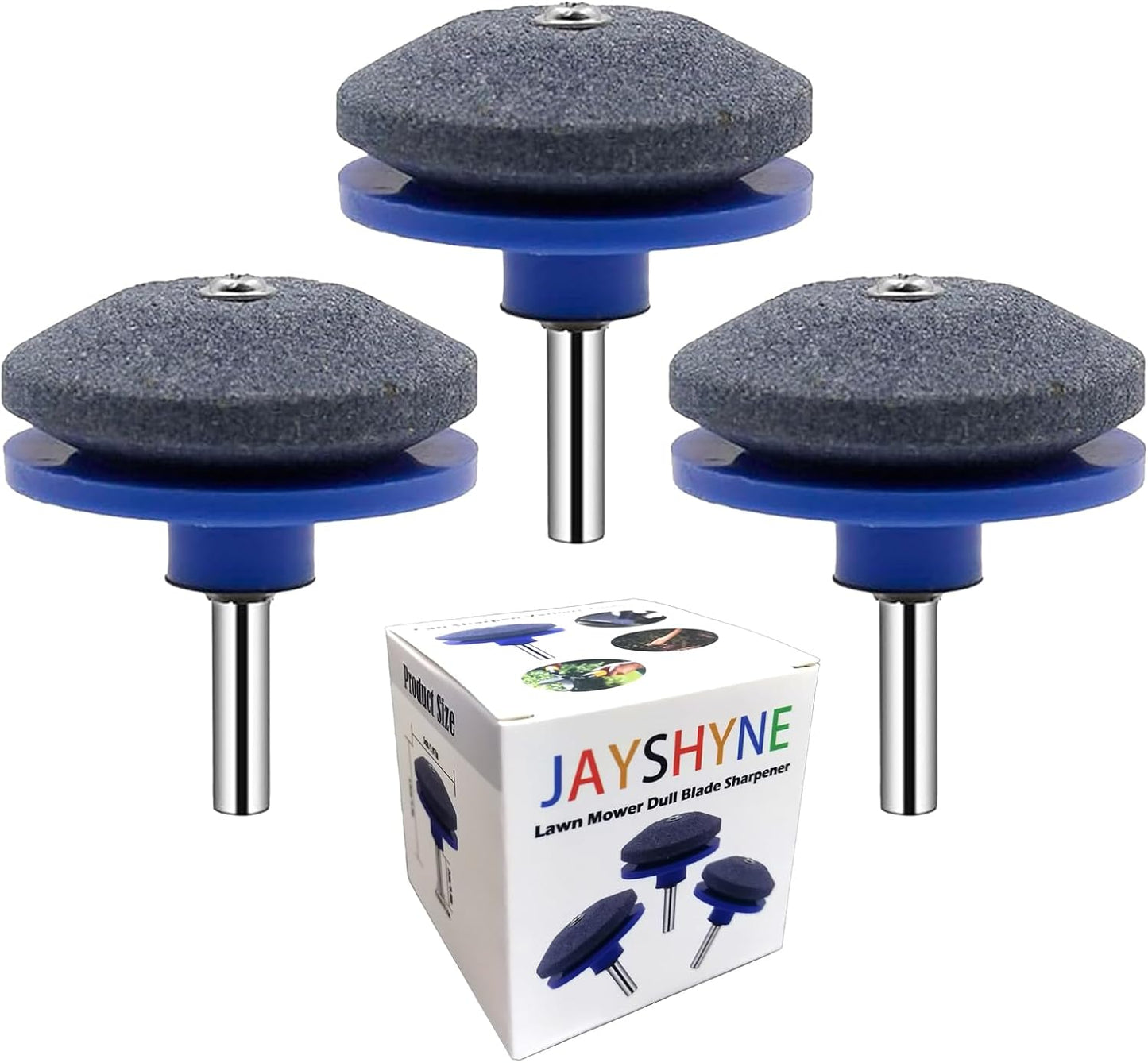 Lawnmower Dull Blade Sharpener, 3 Pcs Mower Sharpening Stone Wheel Kit, Universal Garden Tool Grindstone and Knife Edge Whetstone for Any Power Hand Drills