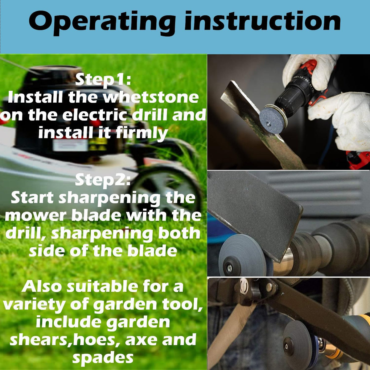 Lawnmower Dull Blade Sharpener, 3 Pcs Mower Sharpening Stone Wheel Kit, Universal Garden Tool Grindstone and Knife Edge Whetstone for Any Power Hand Drills