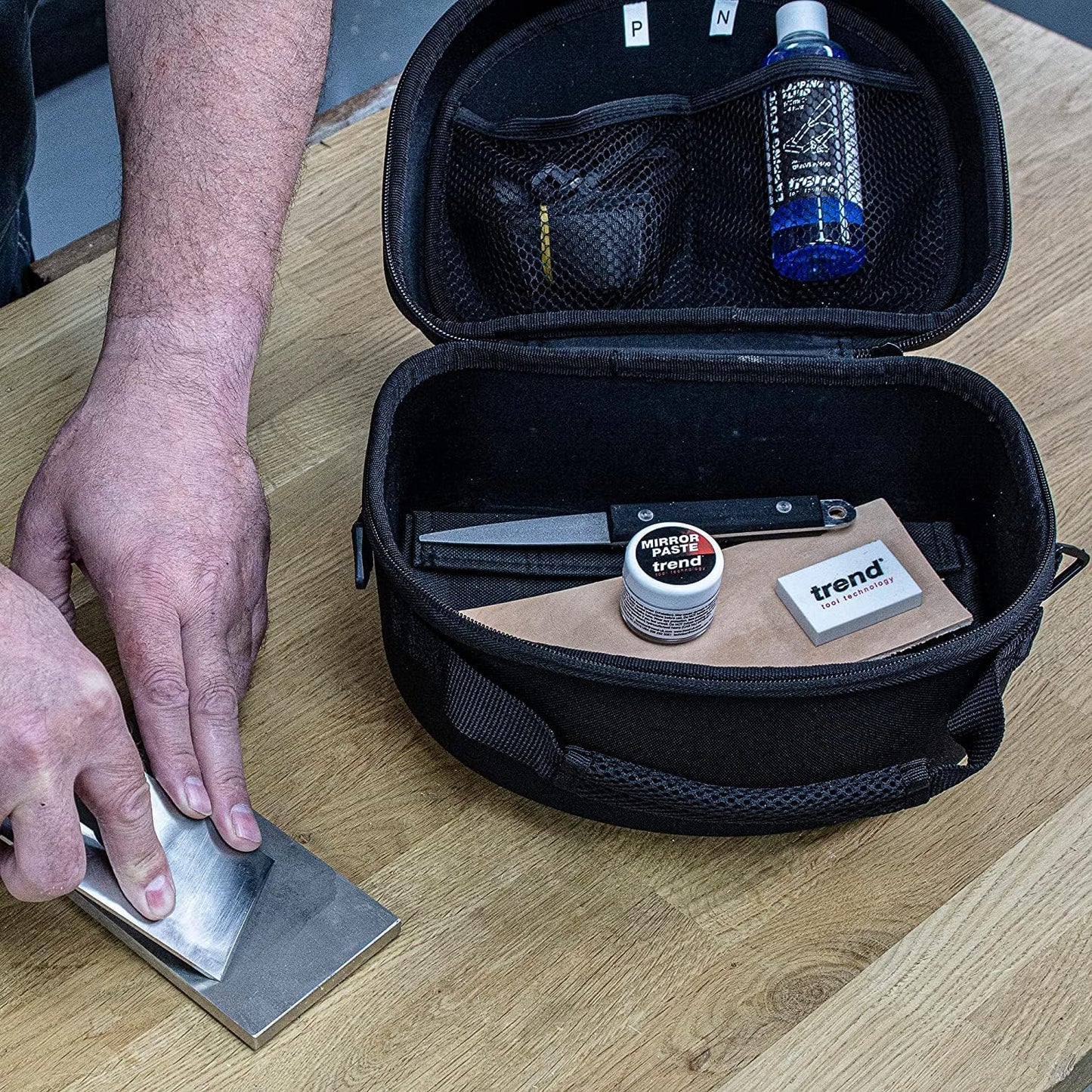 Trend Diamond Sharpening Stone Kit, 8 x 3 Inch Double Sided (300/1000 Grit) Bench Stone with Pouch, Cleaning Block & Non-Slip Mat, DWS/CP8/FC