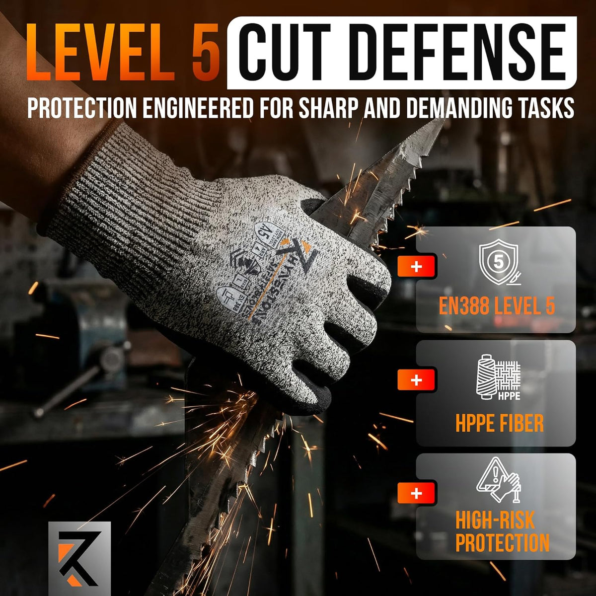 RhyneStone Level A5 Cut Resistant – 1 Pair Safety Work Gloves for Construction, Gardening & Sharp Material Handling