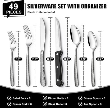 49-Piece Hammered Silverware Set with Organizer, Food-Grade Stainless Steel Flatware for 8, Cutlery Utensil Sets with Steak Knives, Rust-proof, Mirror Polished, Dishwasher Safe, Round Hammered