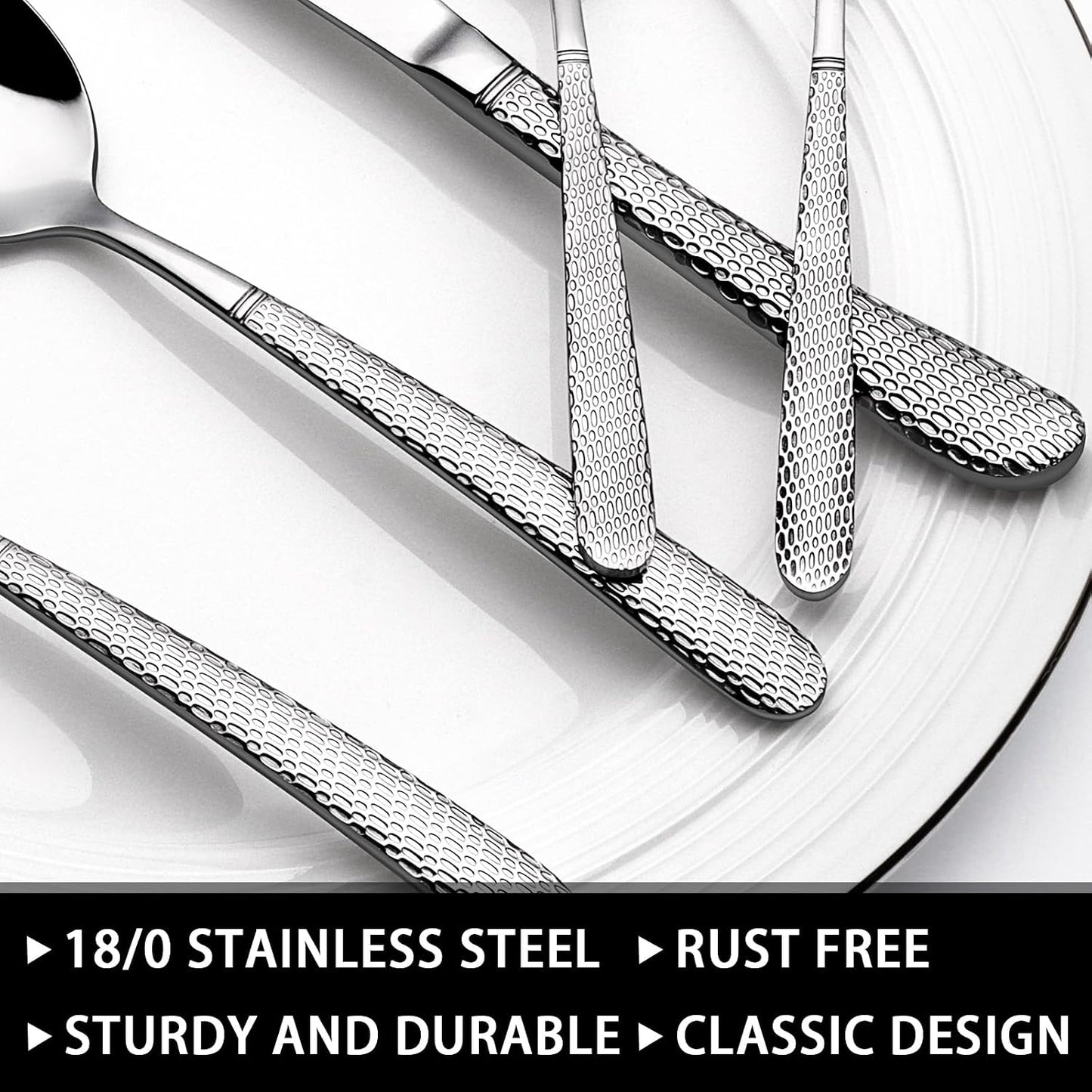 49-Piece Hammered Silverware Set with Organizer, Food-Grade Stainless Steel Flatware for 8, Cutlery Utensil Sets with Steak Knives, Rust-proof, Mirror Polished, Dishwasher Safe, Round Hammered