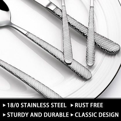 49-Piece Hammered Silverware Set with Organizer, Food-Grade Stainless Steel Flatware for 8, Cutlery Utensil Sets with Steak Knives, Rust-proof, Mirror Polished, Dishwasher Safe, Round Hammered