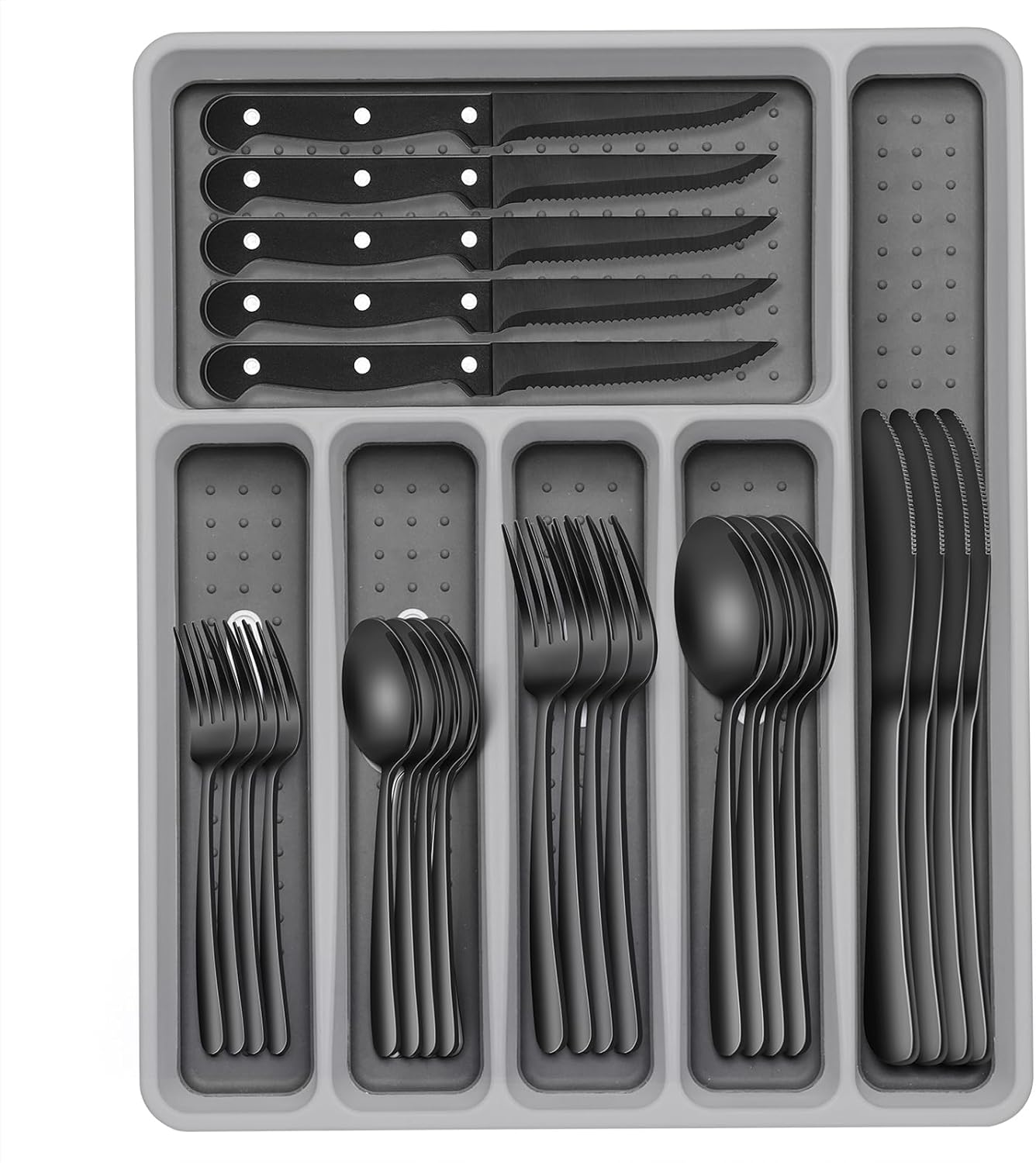 49-Piece Hammered Silverware Set with Organizer, Food-Grade Stainless Steel Flatware for 8, Cutlery Utensil Sets with Steak Knives, Rust-proof, Mirror Polished, Dishwasher Safe, Round Hammered