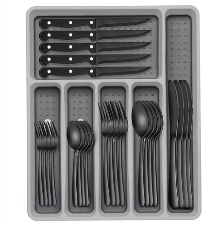 49-Piece Hammered Silverware Set with Organizer, Food-Grade Stainless Steel Flatware for 8, Cutlery Utensil Sets with Steak Knives, Rust-proof, Mirror Polished, Dishwasher Safe, Round Hammered