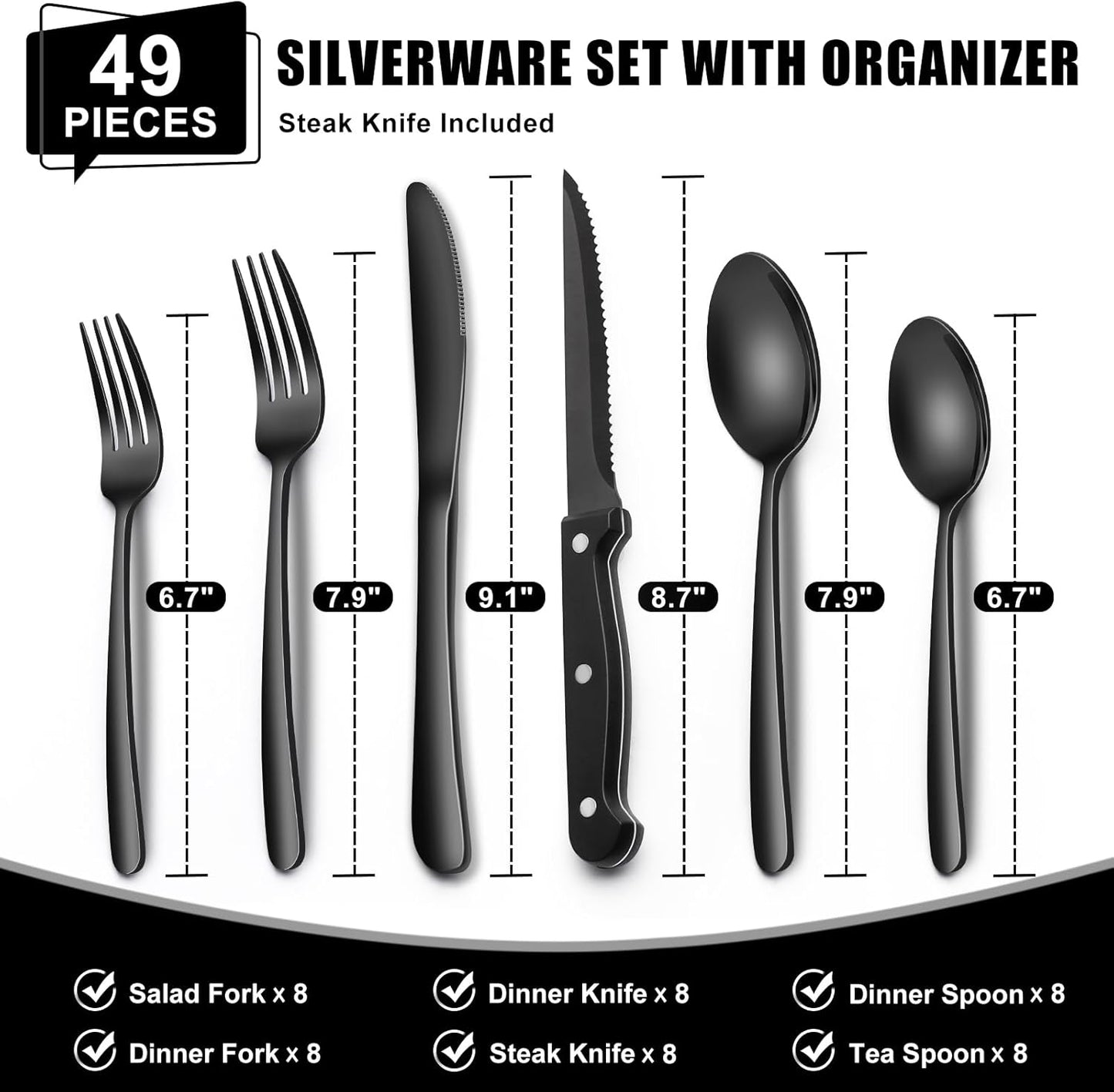 49-Piece Hammered Silverware Set with Organizer, Food-Grade Stainless Steel Flatware for 8, Cutlery Utensil Sets with Steak Knives, Rust-proof, Mirror Polished, Dishwasher Safe, Round Hammered