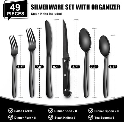 49-Piece Hammered Silverware Set with Organizer, Food-Grade Stainless Steel Flatware for 8, Cutlery Utensil Sets with Steak Knives, Rust-proof, Mirror Polished, Dishwasher Safe, Round Hammered