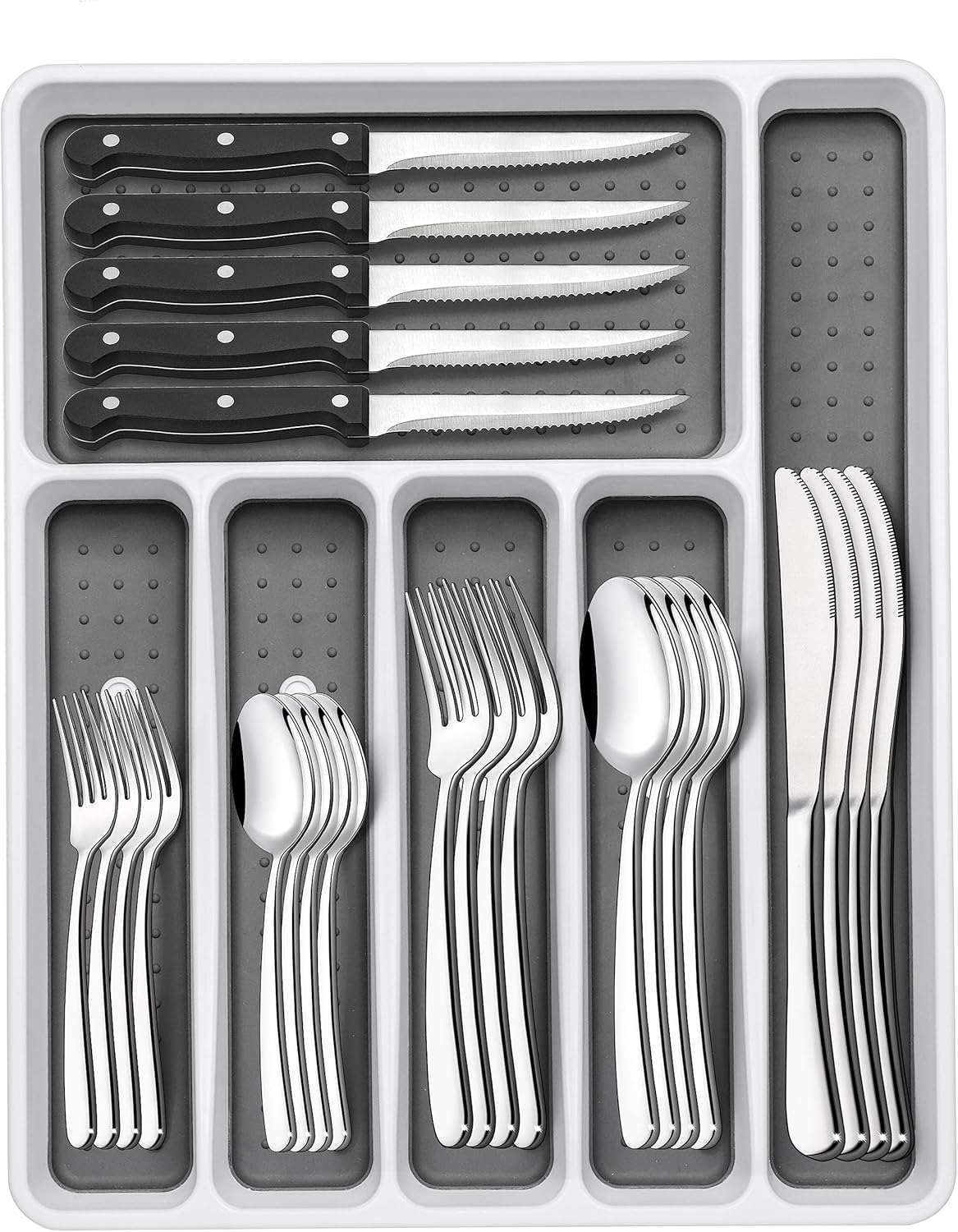 49-Piece Hammered Silverware Set with Organizer, Food-Grade Stainless Steel Flatware for 8, Cutlery Utensil Sets with Steak Knives, Rust-proof, Mirror Polished, Dishwasher Safe, Round Hammered