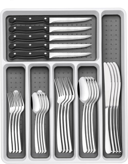 49-Piece Hammered Silverware Set with Organizer, Food-Grade Stainless Steel Flatware for 8, Cutlery Utensil Sets with Steak Knives, Rust-proof, Mirror Polished, Dishwasher Safe, Round Hammered
