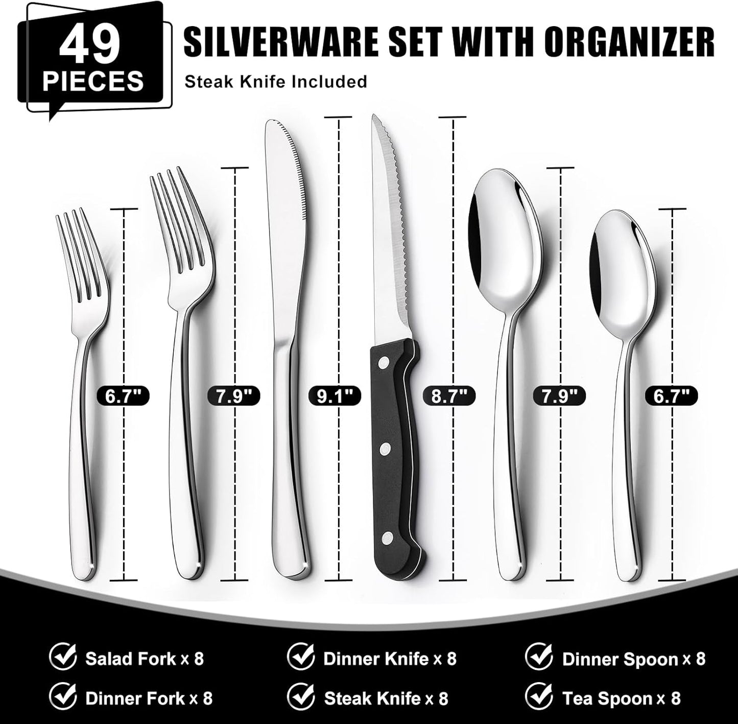 49-Piece Hammered Silverware Set with Organizer, Food-Grade Stainless Steel Flatware for 8, Cutlery Utensil Sets with Steak Knives, Rust-proof, Mirror Polished, Dishwasher Safe, Round Hammered