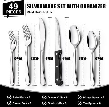 49-Piece Hammered Silverware Set with Organizer, Food-Grade Stainless Steel Flatware for 8, Cutlery Utensil Sets with Steak Knives, Rust-proof, Mirror Polished, Dishwasher Safe, Round Hammered