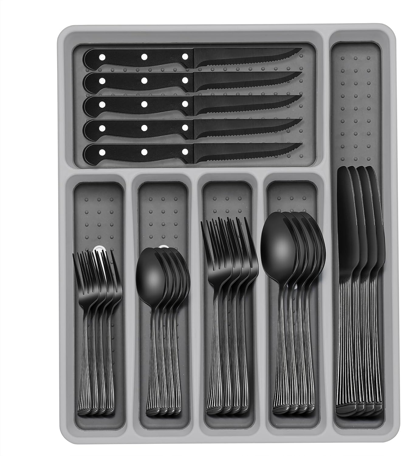 49-Piece Hammered Silverware Set with Organizer, Food-Grade Stainless Steel Flatware for 8, Cutlery Utensil Sets with Steak Knives, Rust-proof, Mirror Polished, Dishwasher Safe, Round Hammered
