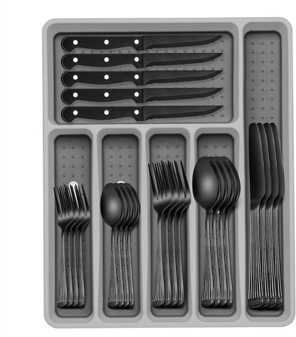 49-Piece Hammered Silverware Set with Organizer, Food-Grade Stainless Steel Flatware for 8, Cutlery Utensil Sets with Steak Knives, Rust-proof, Mirror Polished, Dishwasher Safe, Round Hammered