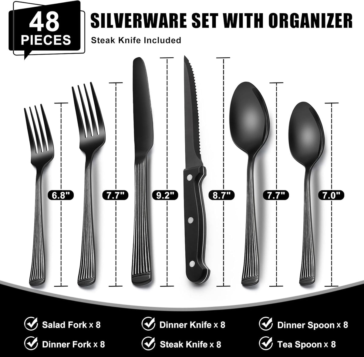 49-Piece Hammered Silverware Set with Organizer, Food-Grade Stainless Steel Flatware for 8, Cutlery Utensil Sets with Steak Knives, Rust-proof, Mirror Polished, Dishwasher Safe, Round Hammered