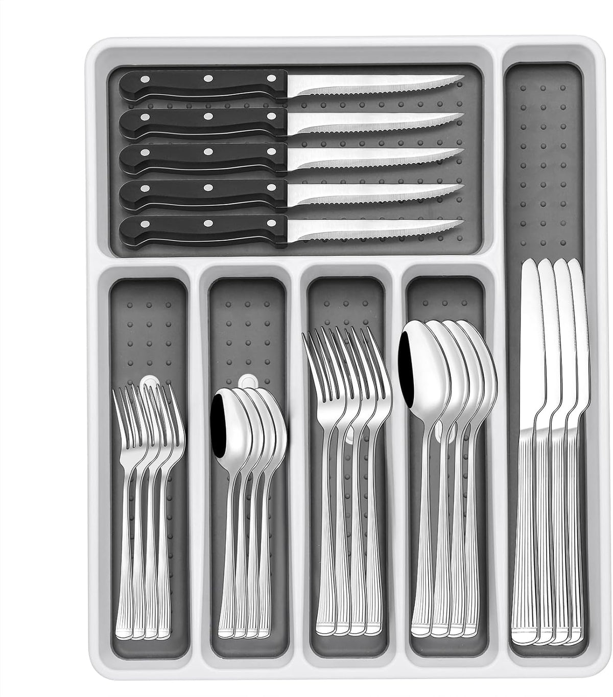 49-Piece Hammered Silverware Set with Organizer, Food-Grade Stainless Steel Flatware for 8, Cutlery Utensil Sets with Steak Knives, Rust-proof, Mirror Polished, Dishwasher Safe, Round Hammered
