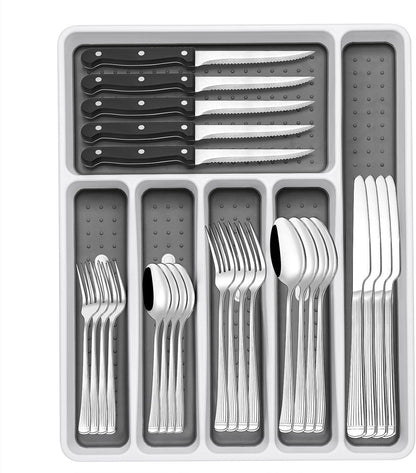 49-Piece Hammered Silverware Set with Organizer, Food-Grade Stainless Steel Flatware for 8, Cutlery Utensil Sets with Steak Knives, Rust-proof, Mirror Polished, Dishwasher Safe, Round Hammered