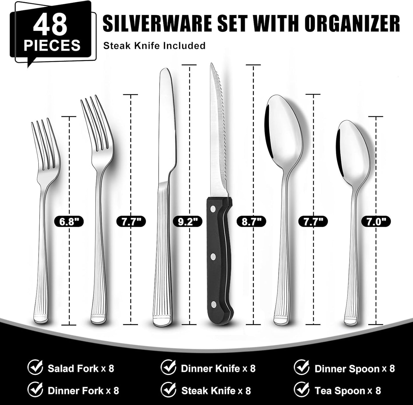 49-Piece Hammered Silverware Set with Organizer, Food-Grade Stainless Steel Flatware for 8, Cutlery Utensil Sets with Steak Knives, Rust-proof, Mirror Polished, Dishwasher Safe, Round Hammered