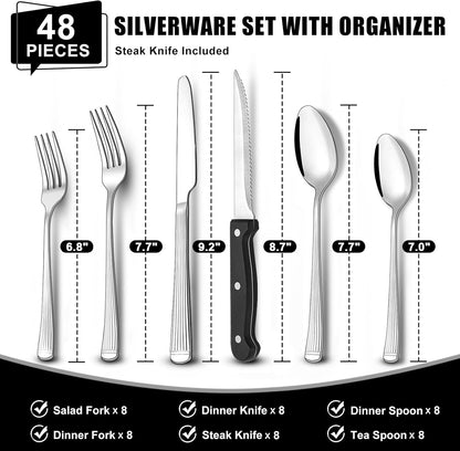 49-Piece Hammered Silverware Set with Organizer, Food-Grade Stainless Steel Flatware for 8, Cutlery Utensil Sets with Steak Knives, Rust-proof, Mirror Polished, Dishwasher Safe, Round Hammered