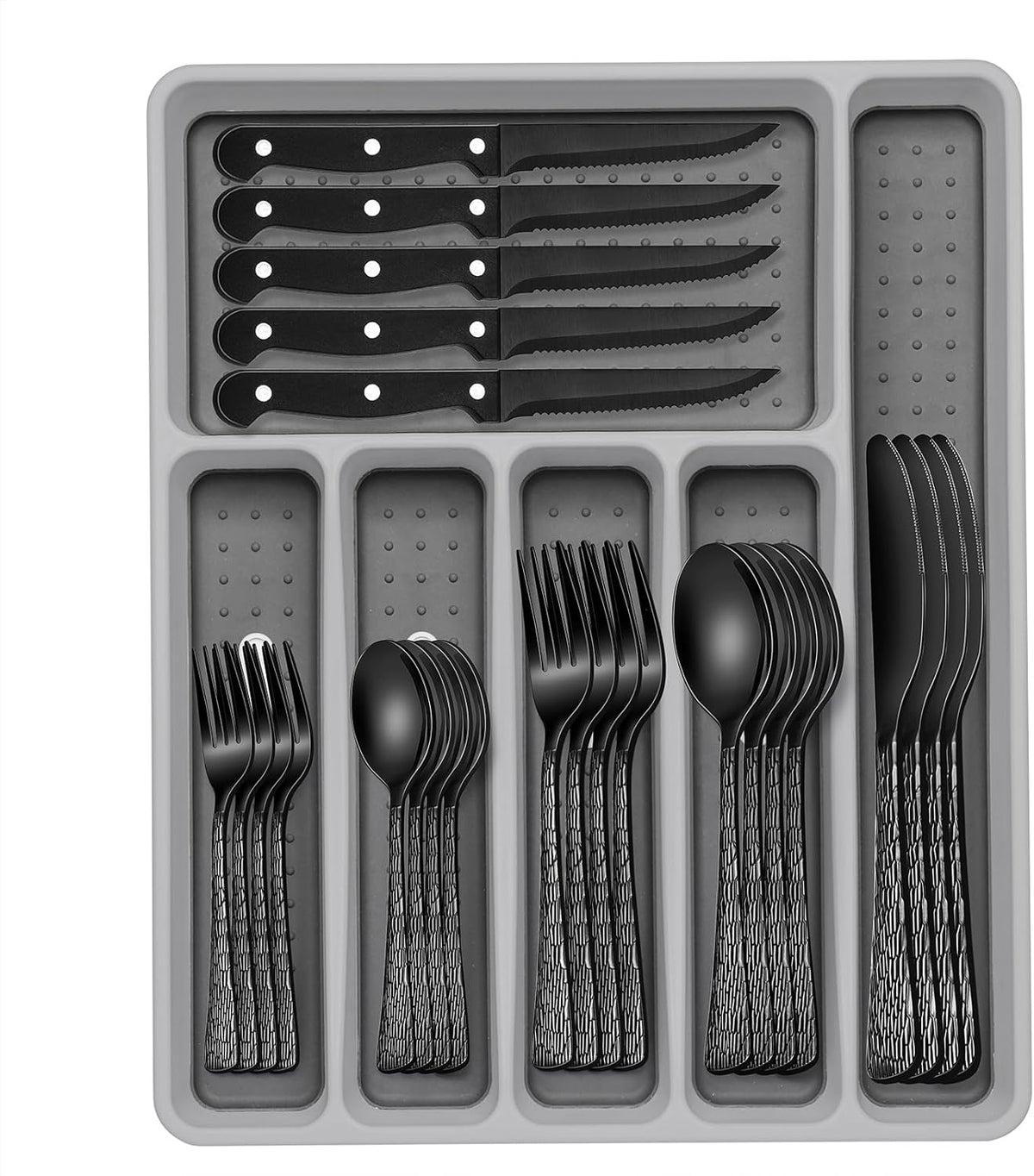 49-Piece Hammered Silverware Set with Organizer, Food-Grade Stainless Steel Flatware for 8, Cutlery Utensil Sets with Steak Knives, Rust-proof, Mirror Polished, Dishwasher Safe, Round Hammered