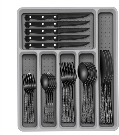 49-Piece Hammered Silverware Set with Organizer, Food-Grade Stainless Steel Flatware for 8, Cutlery Utensil Sets with Steak Knives, Rust-proof, Mirror Polished, Dishwasher Safe, Round Hammered