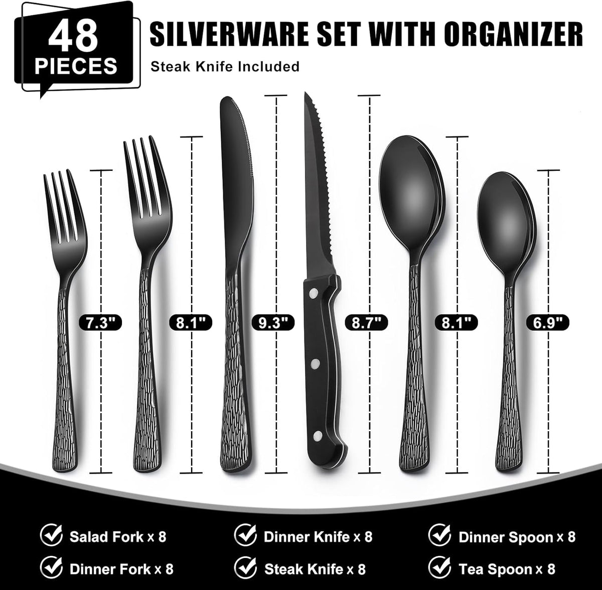 49-Piece Hammered Silverware Set with Organizer, Food-Grade Stainless Steel Flatware for 8, Cutlery Utensil Sets with Steak Knives, Rust-proof, Mirror Polished, Dishwasher Safe, Round Hammered