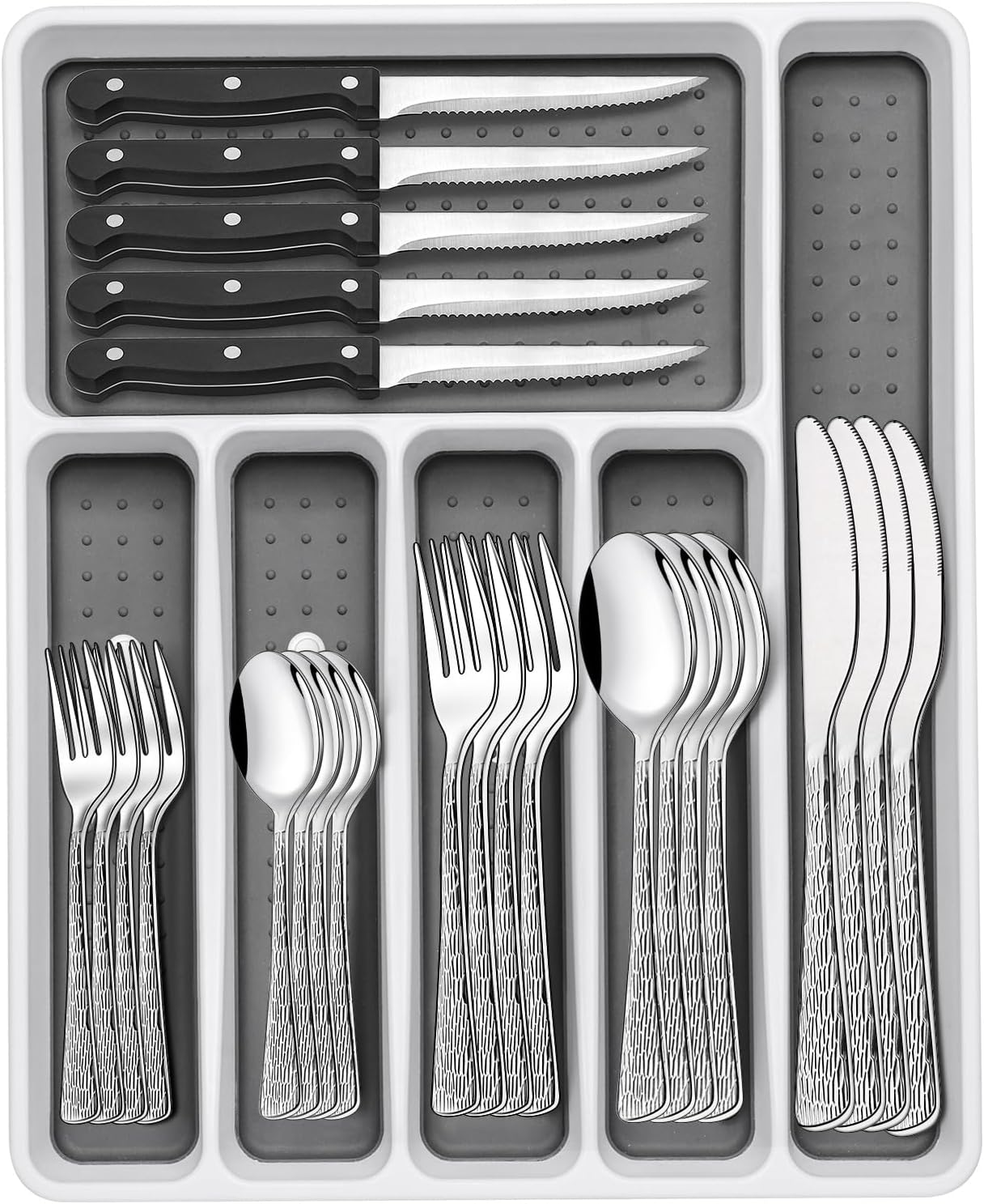 49-Piece Hammered Silverware Set with Organizer, Food-Grade Stainless Steel Flatware for 8, Cutlery Utensil Sets with Steak Knives, Rust-proof, Mirror Polished, Dishwasher Safe, Round Hammered