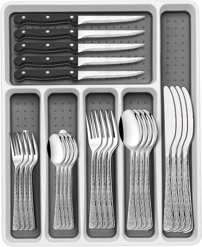 49-Piece Hammered Silverware Set with Organizer, Food-Grade Stainless Steel Flatware for 8, Cutlery Utensil Sets with Steak Knives, Rust-proof, Mirror Polished, Dishwasher Safe, Round Hammered