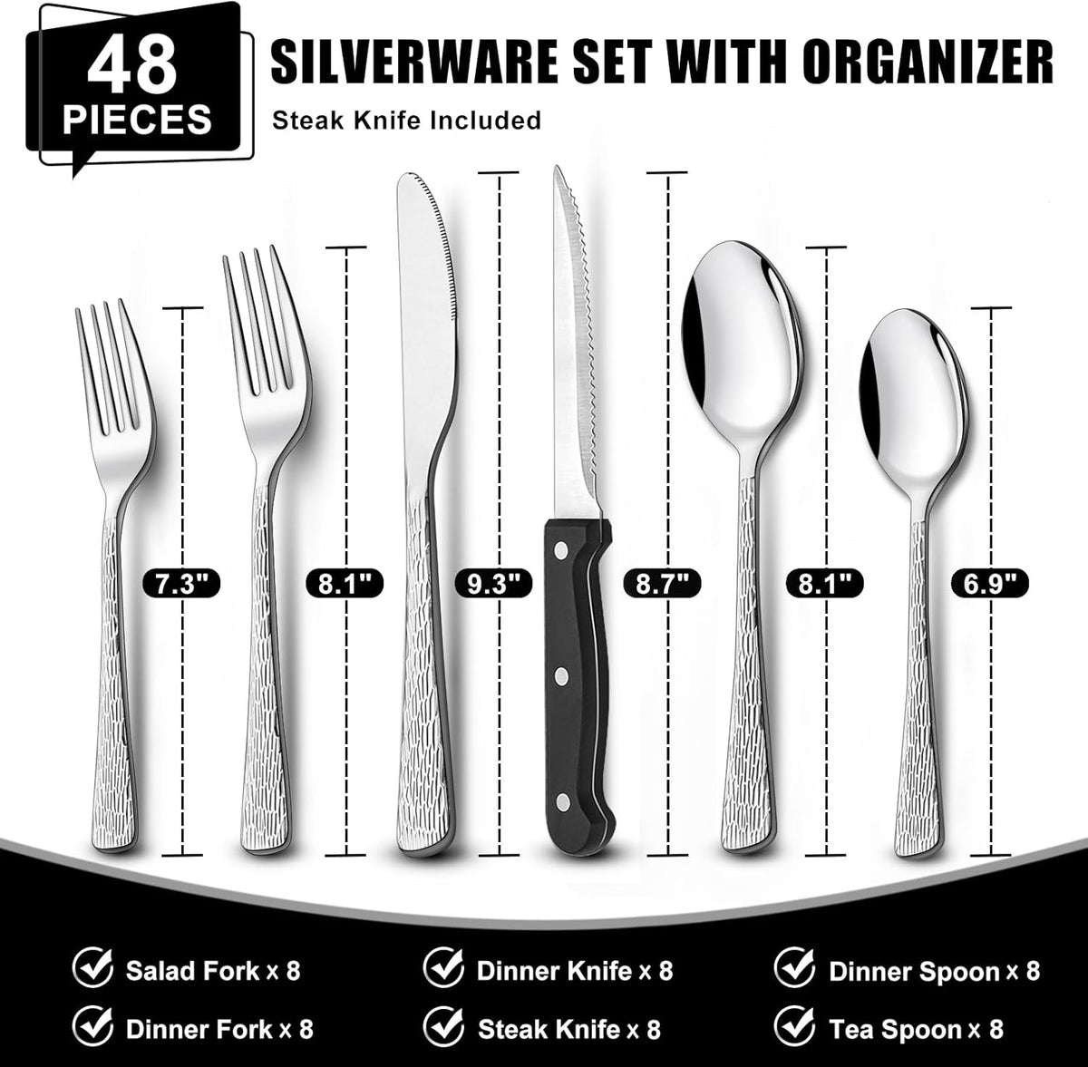 49-Piece Hammered Silverware Set with Organizer, Food-Grade Stainless Steel Flatware for 8, Cutlery Utensil Sets with Steak Knives, Rust-proof, Mirror Polished, Dishwasher Safe, Round Hammered