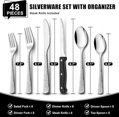 49-Piece Hammered Silverware Set with Organizer, Food-Grade Stainless Steel Flatware for 8, Cutlery Utensil Sets with Steak Knives, Rust-proof, Mirror Polished, Dishwasher Safe, Round Hammered