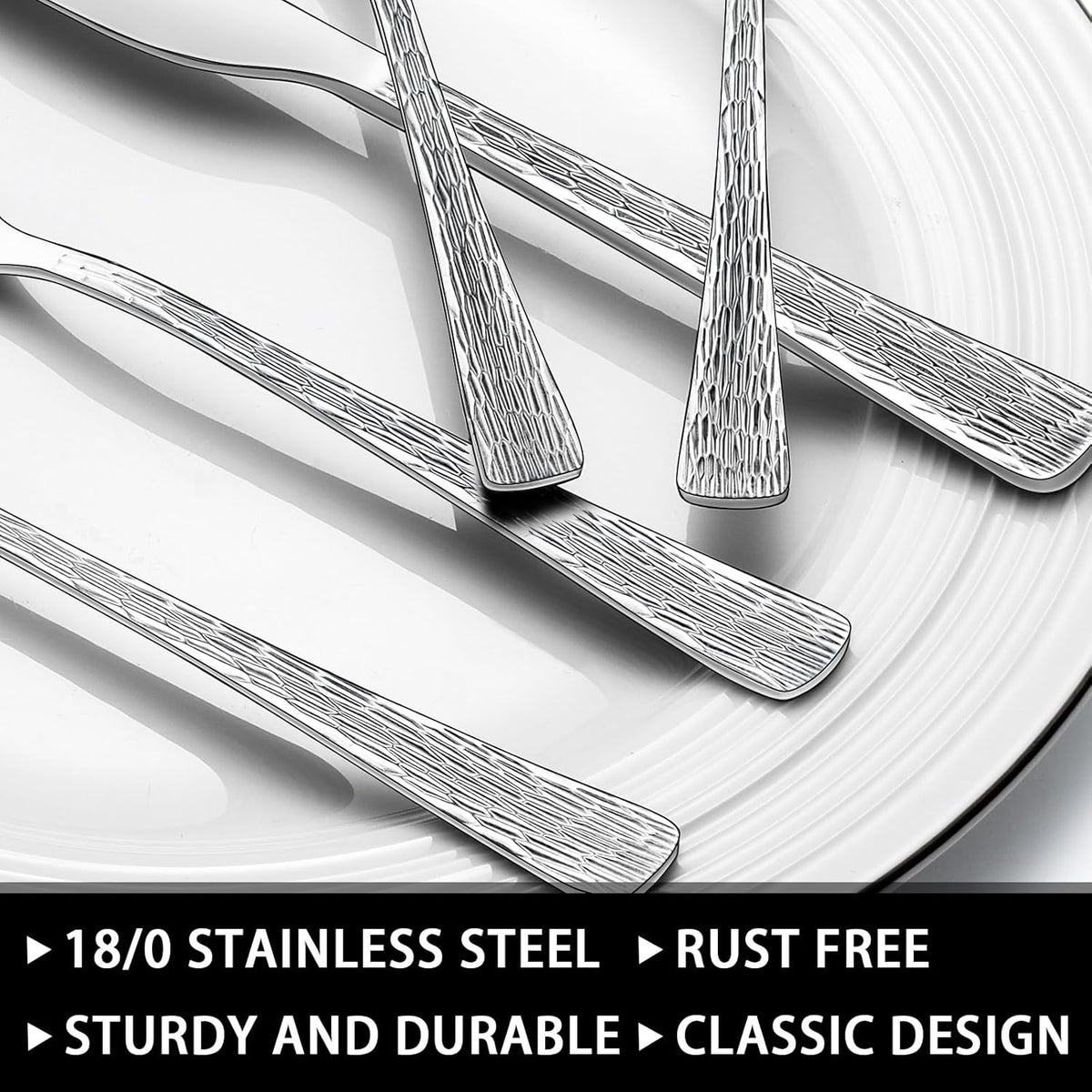 49-Piece Hammered Silverware Set with Organizer, Food-Grade Stainless Steel Flatware for 8, Cutlery Utensil Sets with Steak Knives, Rust-proof, Mirror Polished, Dishwasher Safe, Round Hammered