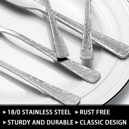 49-Piece Hammered Silverware Set with Organizer, Food-Grade Stainless Steel Flatware for 8, Cutlery Utensil Sets with Steak Knives, Rust-proof, Mirror Polished, Dishwasher Safe, Round Hammered