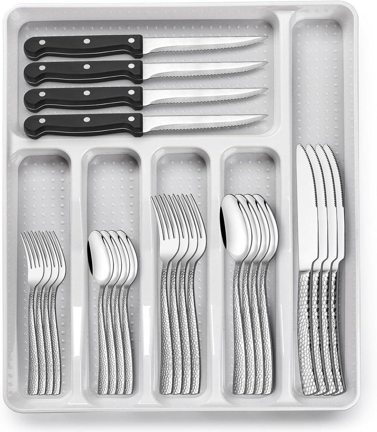 49-Piece Hammered Silverware Set with Organizer, Food-Grade Stainless Steel Flatware for 8, Cutlery Utensil Sets with Steak Knives, Rust-proof, Mirror Polished, Dishwasher Safe, Round Hammered