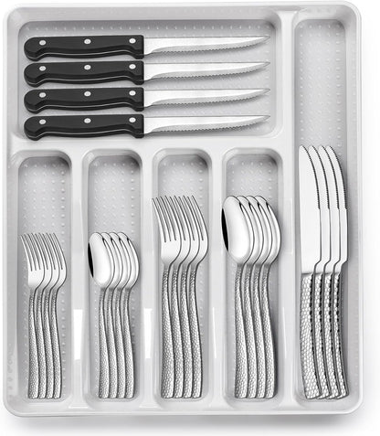 49-Piece Hammered Silverware Set with Organizer, Food-Grade Stainless Steel Flatware for 8, Cutlery Utensil Sets with Steak Knives, Rust-proof, Mirror Polished, Dishwasher Safe, Round Hammered