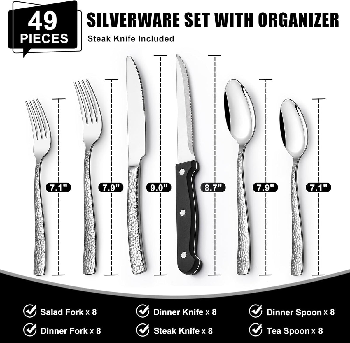 49-Piece Hammered Silverware Set with Organizer, Food-Grade Stainless Steel Flatware for 8, Cutlery Utensil Sets with Steak Knives, Rust-proof, Mirror Polished, Dishwasher Safe, Round Hammered