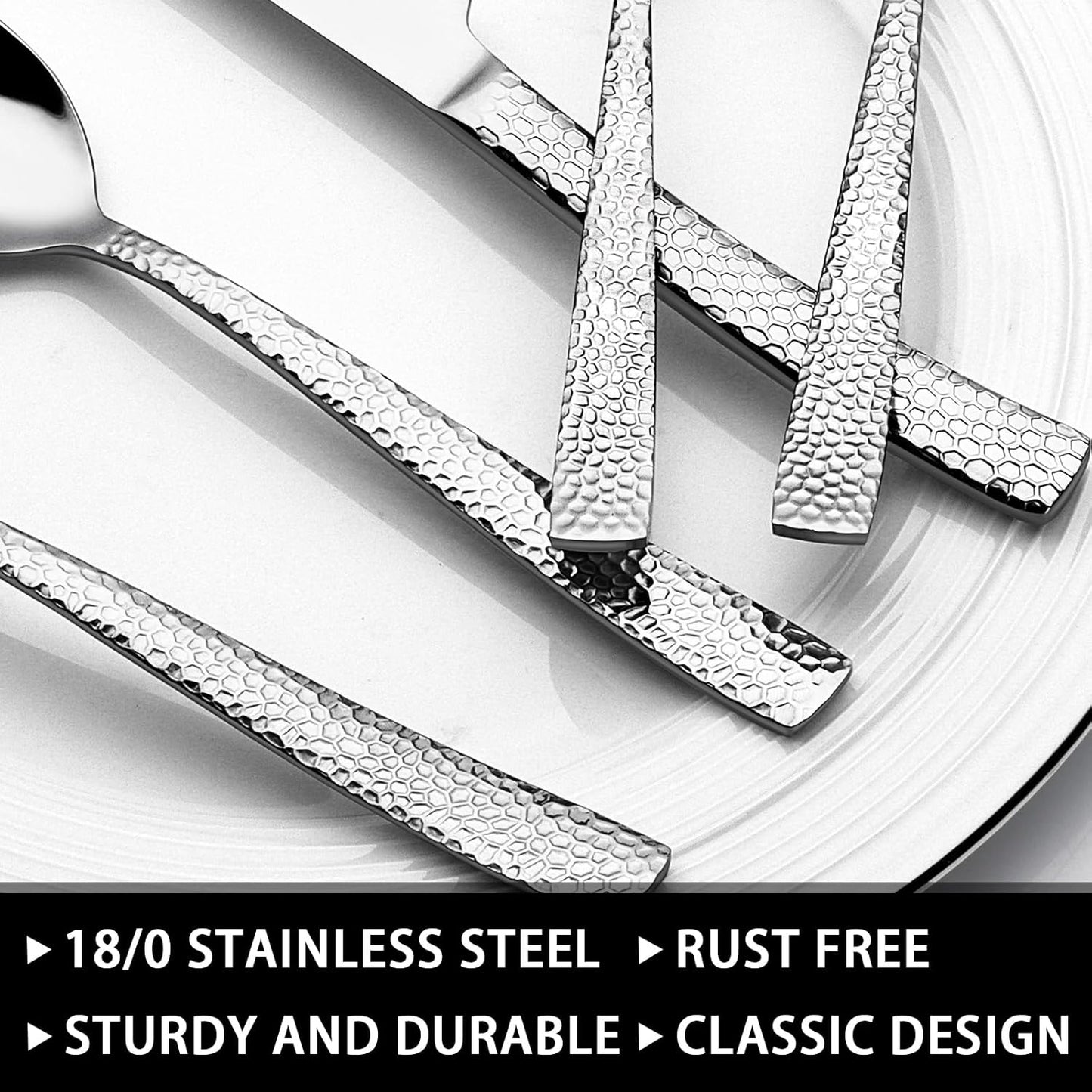 49-Piece Hammered Silverware Set with Organizer, Food-Grade Stainless Steel Flatware for 8, Cutlery Utensil Sets with Steak Knives, Rust-proof, Mirror Polished, Dishwasher Safe, Round Hammered