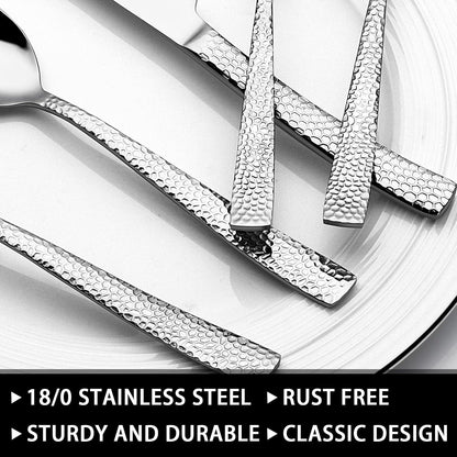 49-Piece Hammered Silverware Set with Organizer, Food-Grade Stainless Steel Flatware for 8, Cutlery Utensil Sets with Steak Knives, Rust-proof, Mirror Polished, Dishwasher Safe, Round Hammered