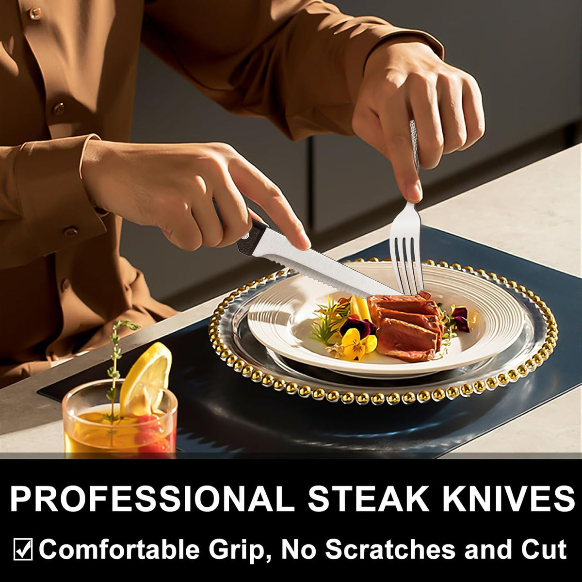 49-Piece Hammered Silverware Set with Organizer, Food-Grade Stainless Steel Flatware for 8, Cutlery Utensil Sets with Steak Knives, Rust-proof, Mirror Polished, Dishwasher Safe, Round Hammered