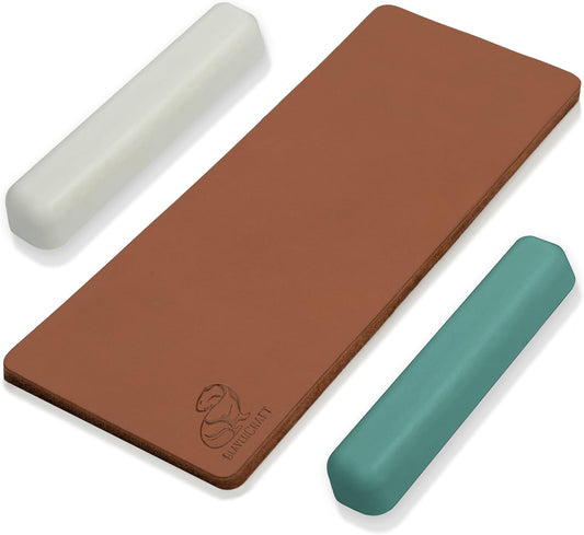Leather Strop Kit for Knife Sharpening - Knife Strop Block 8" x 3" - Stropping Leather Kit LS2P11 with Green-Gray & White Polishing Compound - Knives Sharpener and Buffing Compounds