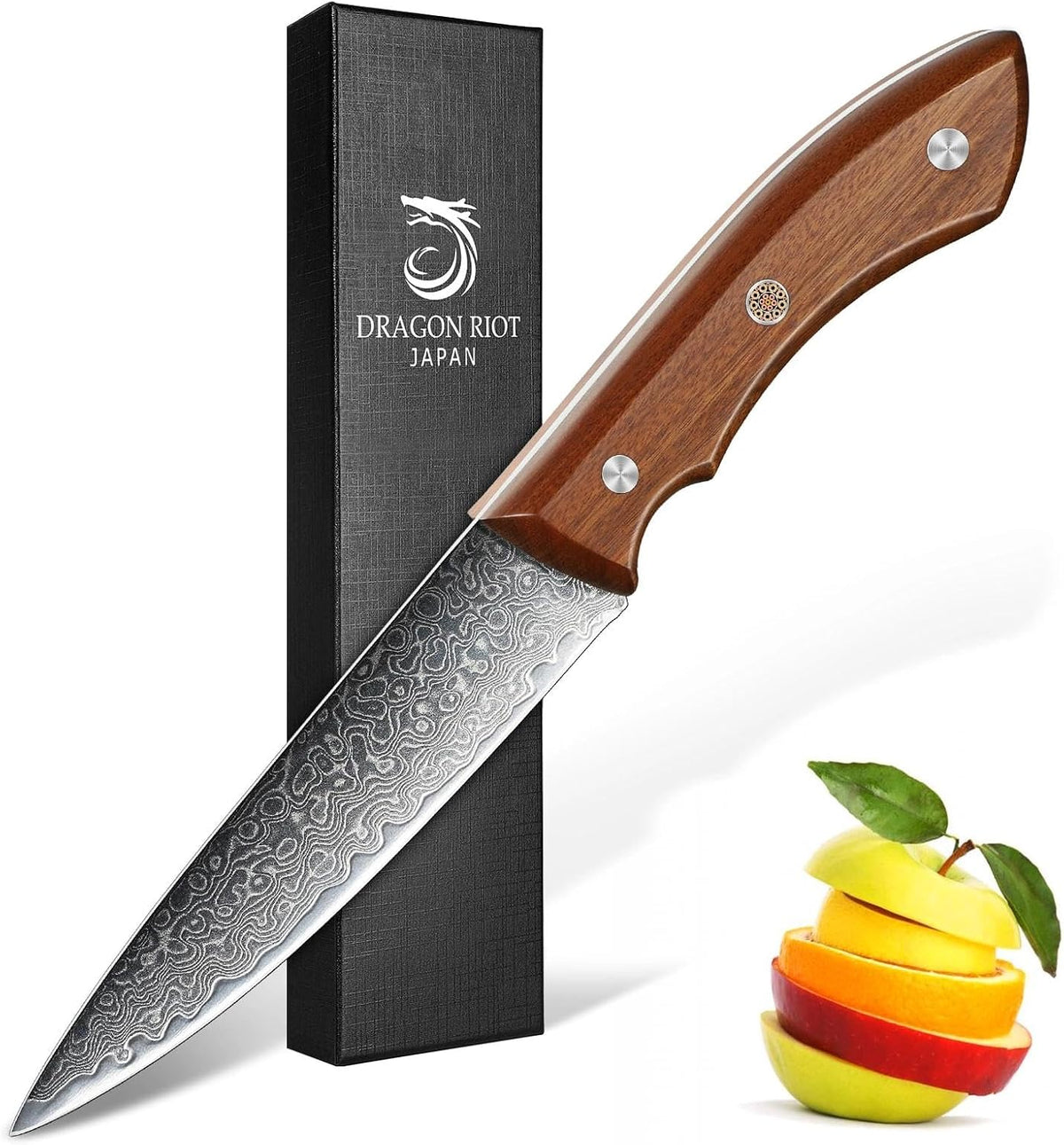 Damascus Paring Knife 5 inch, VG-10 Damascus Steel Fruit Knife, Japanese Peeling Knife with Ergonomic Wood Handle, Multipurpose Kitchen Knife for Cutting Fruit Vegetables