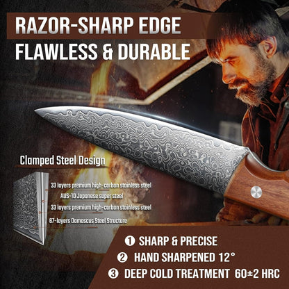 Damascus Paring Knife 5 inch, VG-10 Damascus Steel Fruit Knife, Japanese Peeling Knife with Ergonomic Wood Handle, Multipurpose Kitchen Knife for Cutting Fruit Vegetables