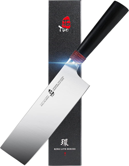 Nakiri Knife 6.5 inch - Professional Kitchen Vegetable Cleaver Knife Asian Usuba Knives for Vegetables and Fruits - AUS-8 Stainless Steel with Pakkawood Handle - Ring Lite Series with Gift Box