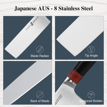 Nakiri Knife 6.5 inch - Professional Kitchen Vegetable Cleaver Knife Asian Usuba Knives for Vegetables and Fruits - AUS-8 Stainless Steel with Pakkawood Handle - Ring Lite Series with Gift Box