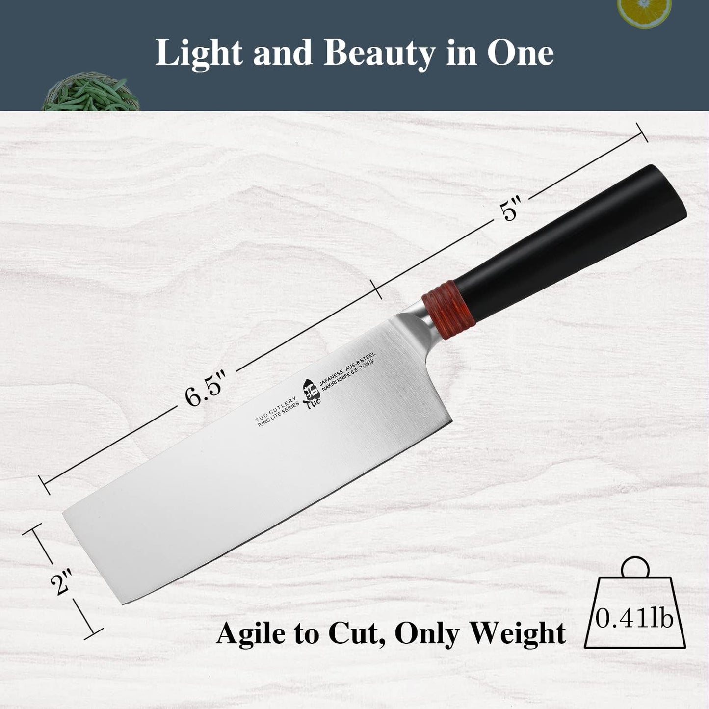 Nakiri Knife 6.5 inch - Professional Kitchen Vegetable Cleaver Knife Asian Usuba Knives for Vegetables and Fruits - AUS-8 Stainless Steel with Pakkawood Handle - Ring Lite Series with Gift Box